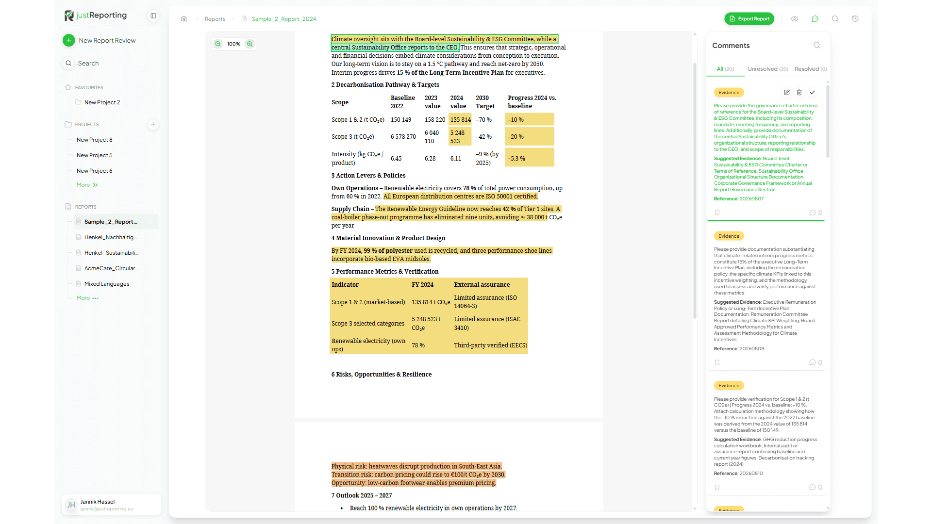 ReportingGPT report viewer with AI-generated review comments showing Clarification, Evidence, and Proofreading markers