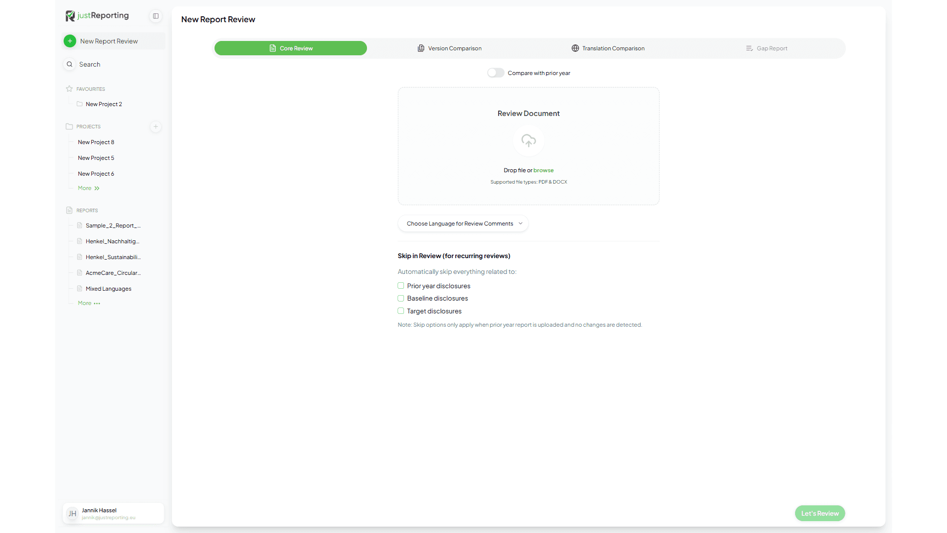 ReportingGPT dashboard showing project overview with status tracking
